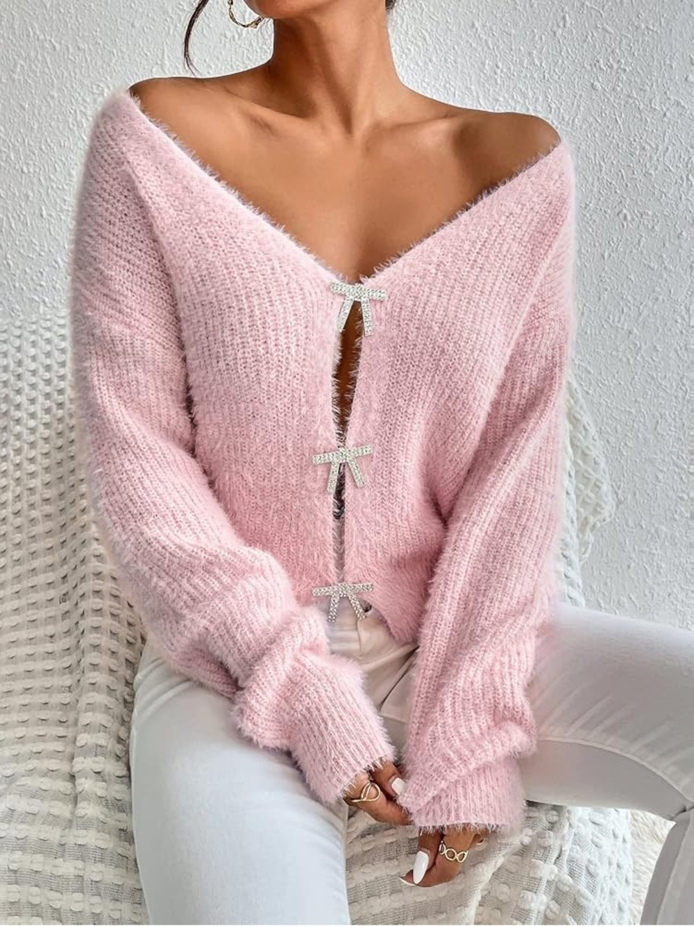 Pink Cardigan Sweater with Jeweled Pin Bow  Closures